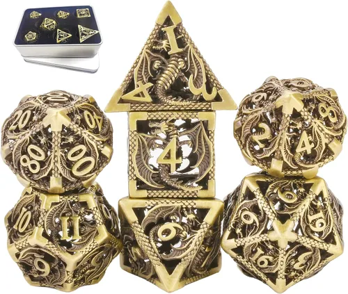 Juego de dados de metal DND Dungeons and Dragon, juego de dados huecos poliédricos de dragón mágico de 7 piezas con caja de metal de regalo para
