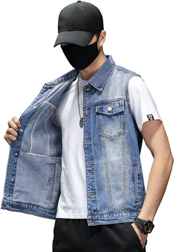 Miniatura 5 de DAVID.ANN Chaleco de mezclilla para hombre, chaqueta sin mangas de camionero