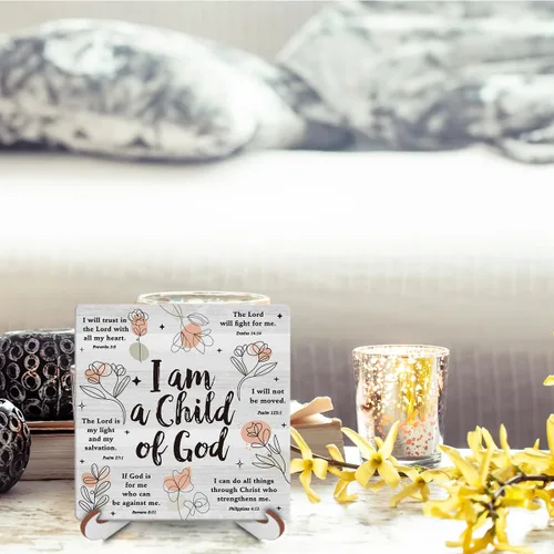 Miniatura 6 de Decoración de Escritorio Cristiana Inspiradora Letrero de Madera Versículo Religioso de la Biblia Placa Decorativa con Soporte de Madera para Hogar