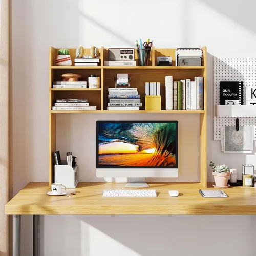 Miniatura 14 de LDAILY Desktop Bookshelf, 2-Tier Office Desk Shelf Organizer Desk Hutch with 4 Shelves, 37’’L Wood Storage Rack Display Shelf for Computer Desk