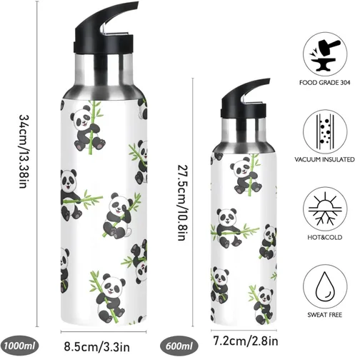 Miniatura 2 de BPA-Free Sport Water Bottle Insulated 20 Oz, Insulated Stainless Steel Water Bottle with Straw for Gym Outdoor Travel School, Cute Cartoon Pandas