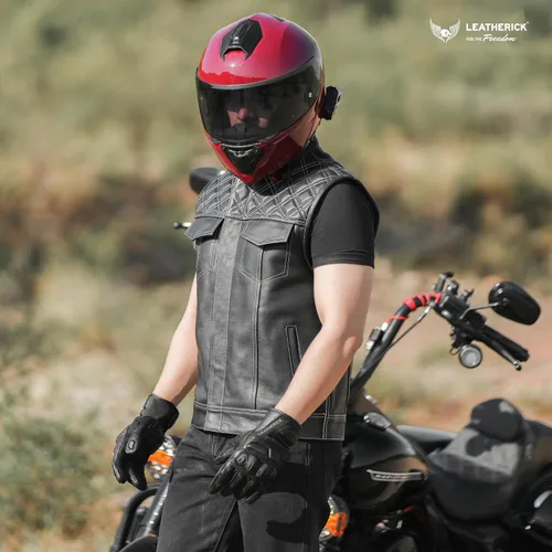 Miniatura 3 de Leatherick Mens Black Motorcycle Vests - Top Grain Cow Leather SOA Club & Traditional Paisley Satin Liner Leather Biker Vests