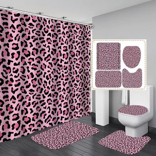 Miniatura 9 de Juego de 4 piezas de cortina de ducha con estampado de leopardo, con alfombra, cubierta de tapa de inodoro y tapete de baño, cortina de ducha roja
