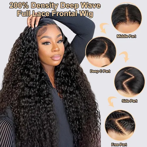 Pelucas de cabello humano ondulado profundo con encaje frontal, densidad del 200%, 13x4 HD transparente, encaje frontal completo, pelucas de cabello