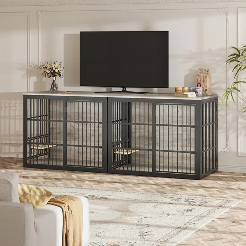 Miniatura 6 de Lyromix Mueble de jaula para perros XXL de 48 pulgadas con alimentador giratorio, mesa auxiliar de madera grande, jaula de interior resistente
