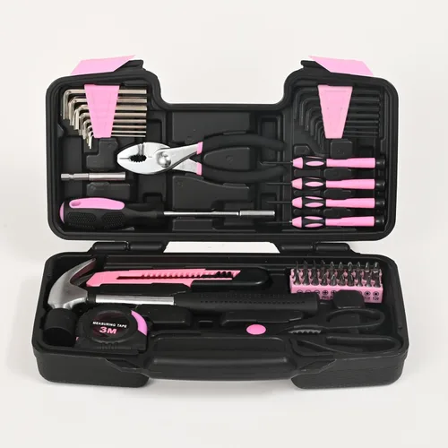 Miniatura 8 de Juego de herramientas para el hogar de 58 piezas, color rosa, kit de herramientas manuales para el hogar, kit de herramientas pequeñas con caja
