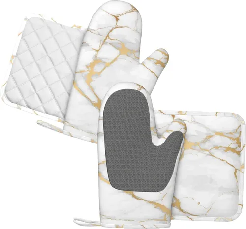Miniatura 2 de Manoplas de horno y agarradores de ollas de mármol blanco y oro de silicona, accesorios de cocina de 4 piezas, guantes largos resistentes al calor