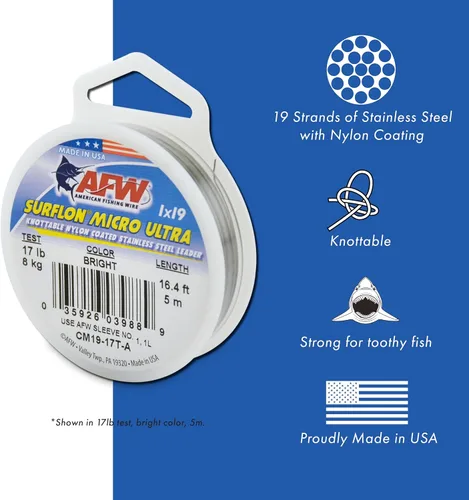 Miniatura 2 de American Fishing Wire Surflon Micro Supreme Nylon recubierto 7x7 de acero inoxidable, líder en alambres anudables para pesca en agua salada, pesca