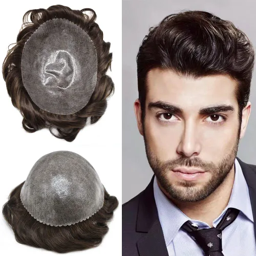 Miniatura 26 de Toupee para hombre completo polivinílico indio cabello humano tupé para hombres sistema de cabello natural para hombre 0.004 in inyección PU postizo