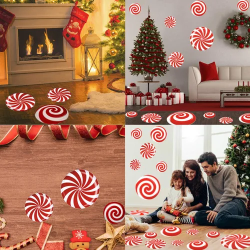 Miniatura 4 de 24 PCS Calcomanías de Suelo de Menta - 3 Tamaños Autoadhesivas Diseño de Dulces de Navidad, Calcomanías de Suelo y Ventana para Decoraciones de Rojo