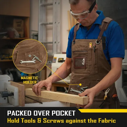 Miniatura 4 de COOLJOB Delantal de trabajo de lona encerada de 16 onzas con soporte para cinta, bolsillos profundos y correa ajustable, delantal de tienda de gran