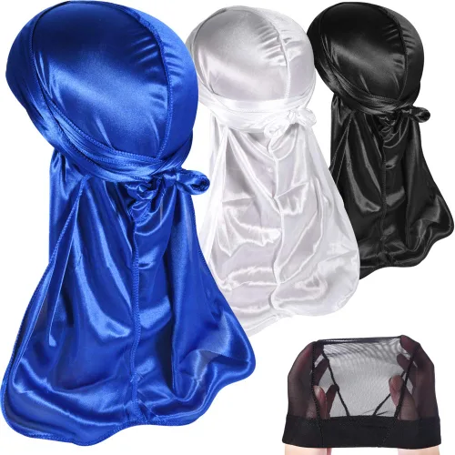 Miniatura 27 de Paquete de 3 piezas de durags sedosas para ondas de hombres, de regalo 1 gorra para marcar las ondas, talla única
