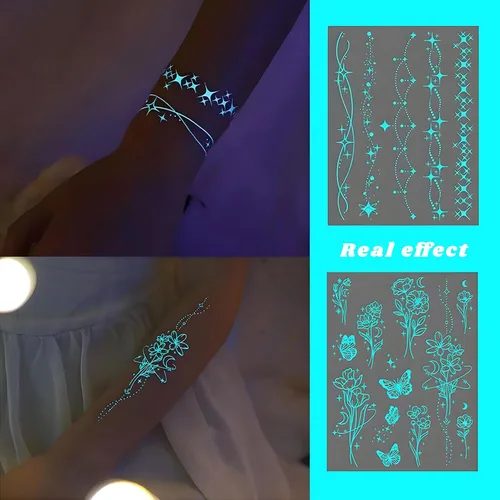 Miniatura 7 de Tatuajes temporales luminosos de mariposa para mujer, 9 hojas de collar falso de encaje sexy que brilla en la oscuridad, alas de tatuaje