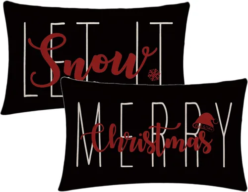 Miniatura 9 de 7COLORROOM Juego de 2 fundas de almohada negras de Navidad con texto en inglés "Merry Christmas", fundas de cojín de nieve con texto en inglés