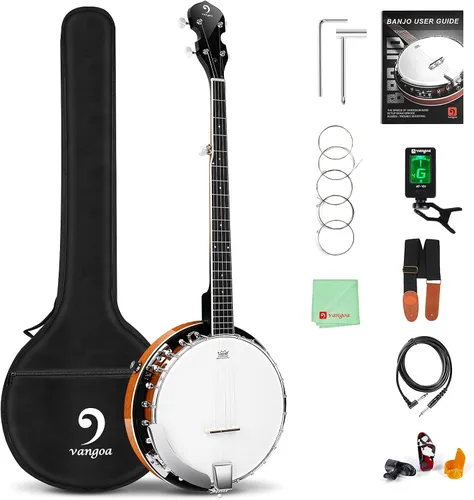 Miniatura 11 de Vangoa Banjo - Kit de 5 cuerdas para principiantes, tamaño completo, cabeza Remo, 24 soportes, espalda abierta, juego de banjo con resonador
