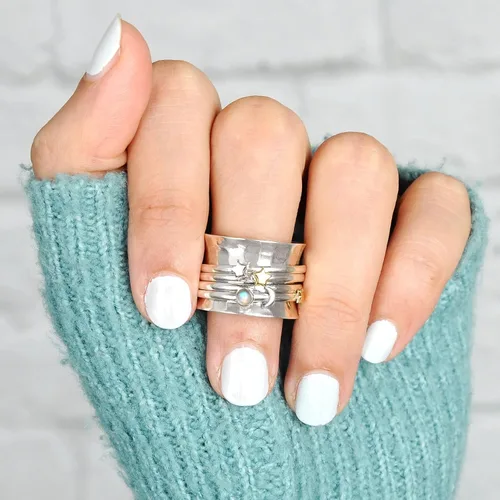 Miniatura 5 de Boho-Magic Anillo giratorio de plata de ley 925 con diseño de luna y estrella para mujer