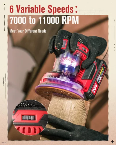 Miniatura 2 de AVID POWER Lijadora orbital inalámbrica de 20 V, herramienta de lijadora eléctrica de 5 pulgadas con 6 velocidades variables, 7000-11000 RPM