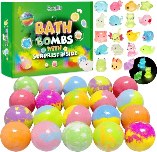 Bombas de baño para niños con juguetes sorpresa en el interior, paquete de 20 bombas de baño para niños con juguetes que brillan en la oscuridad,