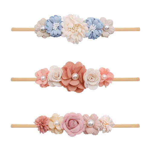 Miniatura 16 de Diademas de flores de nailon para bebé niña, con moños de flores, accesorios elásticos para el cabello, corona, envolturas florales hechas a mano