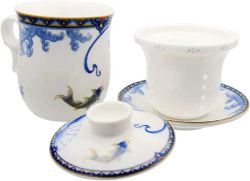 Miniatura 5 de Taza de té de porcelana con tapa de infusor y juegos de platillos Taza de café de cerámica china Jingdezhen Taza de té de hoja suelta Sistema