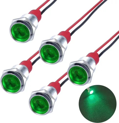 Miniatura 19 de 5Pcs 12V-24V Luz indicadora LED de ahorro de energía Montaje de orificio 8mm (1/3") 20mA Señal de lámpara de cabeza plana ancha impermeable piloto