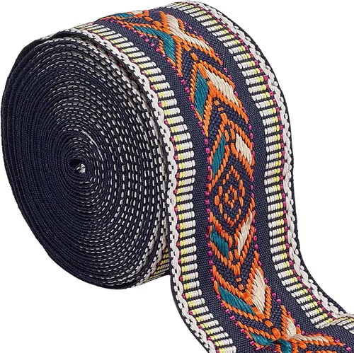 GORGECRAFT Cinta de jacquard vintage de 5 yardas, tela bordada étnica, cinta tejida de 1.9 pulgadas de ancho, patrón de rombos bohemios, adornos de