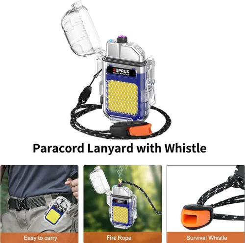 Miniatura 6 de SUPRUS Impermeable 3 modos de linterna a prueba de viento, encendedor de doble arco eléctrico recargable de plasma de doble arco con silbato de Azul
