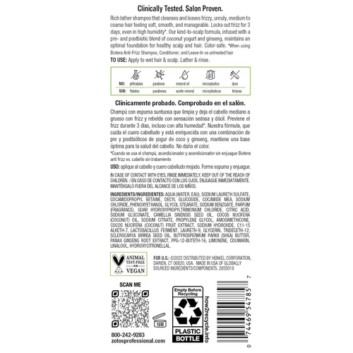 Miniatura 8 de Biotera Anti Frizz Smoothing Shampoo Smooths & Controls Frizzy, Unruly Hair Microbiome Friendly Vegan & Animal Test Free Paraben Free
