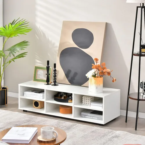 Miniatura 3 de Tangkula Soporte de TV con 6 compartimentos para televisores de hasta 55 pulgadas, centro de entretenimiento de madera blanca con 6 cubos