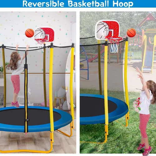 Miniatura 3 de Merax Trampolín de 66 pulgadas para niños con aro de baloncesto, bola de goma y red de recinto, mini trampolín pequeño de 5.5 pies para interiores