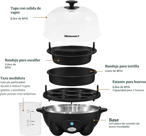 Miniatura 6 de Elite Gourmet EGC-007B # - Olla rápida para huevos, 7 huevos fáciles de pelar, duros, medianos, suaves, escalfador, máquina de tortillas, apagado