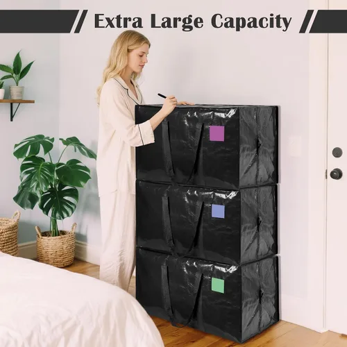 Miniatura 4 de Paquete de 6 bolsas de mudanza con cremallera lateral completamente abierta, extra grandes de 93 L, resistentes al agua, plegables para Negro