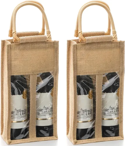 Peohud Paquete de 2 bolsas de arpillera para botellas de vino, 4 botellas de yute para vino, bolsas de regalo de embalaje vintage con ventana y asa