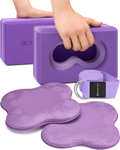 Deep-Zen® Yoga Blocks Wrist Support; Yoga Blocks 2 Pack with Knee Pads and Strap to Put Less Weight on Wrists; Durable, Versatile Yoga Brick Púrpura