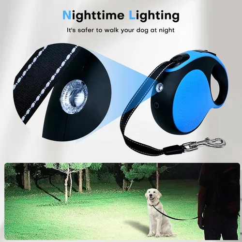 Miniatura 5 de Correa retráctil para perro con cable a prueba de mordeduras y linterna LED, correa resistente de 16 pies, adecuada para perros pequeños/medianos