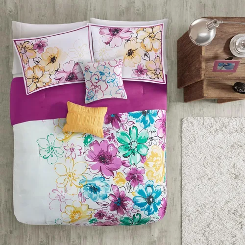 Miniatura 3 de Juego de edredón de Intelligent Design con diseño floral vibrante, ropa de cama para niñas, juego de funda de almohada combinada, almohada Floral