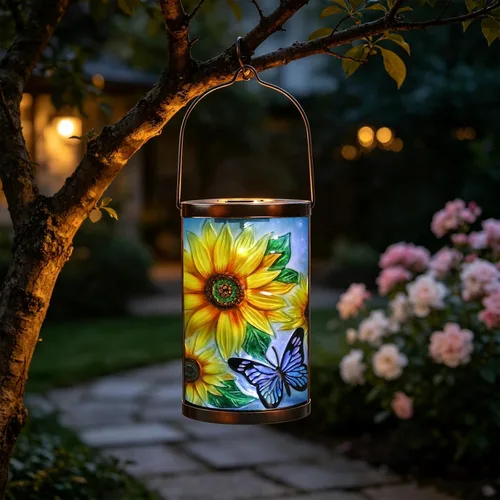 Miniatura 14 de Farol solar para exteriores, impermeable, colgante, luces solares de cristal de pájaro azul, faroles decorativos para exteriores, patio, césped