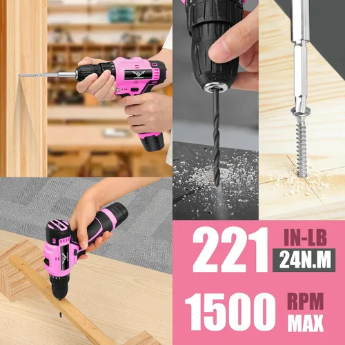 Miniatura 7 de JENABOM Juego de herramientas rosadas - Kit de taladro inalámbrico de 12 V, juego de herramientas para el hogar de 151 piezas con taladro eléctrico
