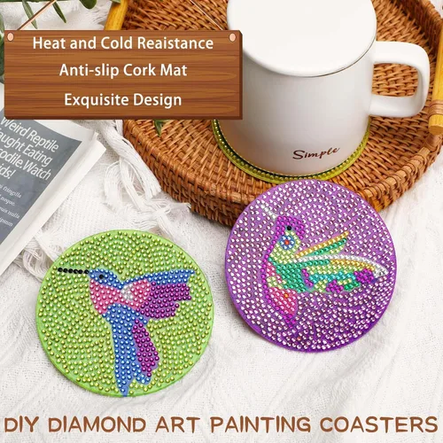 Miniatura 6 de UPINS Kit DIY, Posavasos de Arte de Pintura de Diamantes con Soporte, Juego de 8 Piezas de Posavasos de Colibrí y Mariposa, Suministros de Mariposa