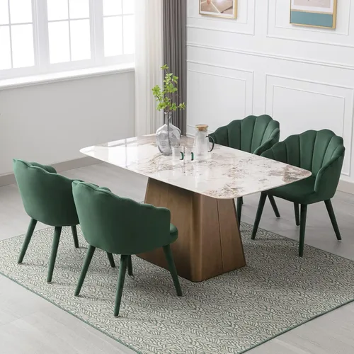 Miniatura 14 de Juego de 2 sillas de comedor de terciopelo modernas con respaldo de pétalos y patas de madera, cómodas sillas laterales tapizadas para comedor, Negro