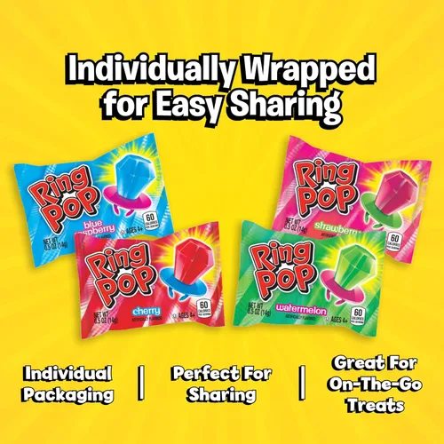 Miniatura 5 de Ring Pop - Paquete variado de piruletas individuales envueltas para el regreso a clases a granel – 20 piruletas con sabores surtidos – Dulces