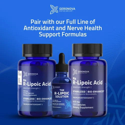 Miniatura 9 de Geronova Research Ácido R-lipoico Bio-Mejorado, dosis de 600 mg - Suministro de 1 mes - Ácido alfa lipoico R estabilizado con absorción mejorada
