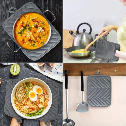 Miniatura 4 de R HORSE Juego de 6 soportes para ollas con bolsillo de algodón gris para cocina, resistente al calor, posavasos de tela de rizo para cocina