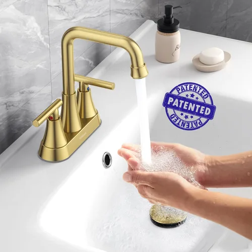 Miniatura 4 de Grifo para Lavabo de Baño, Hurran 4 Pulgadas Dorado Cepillado Grifos de Baño para Lavabo 3 Agujeros con Desagüe Pop-up y Mangueras de Suministro
