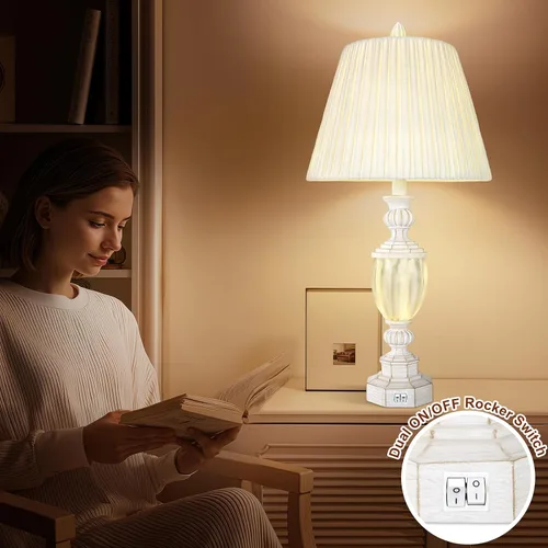 Miniatura 5 de Juego de 2 lámparas de mesa rústicas de 27" con luz nocturna para dormitorio, sala de estar, carga USB, lámpara de mesita de noche de granja
