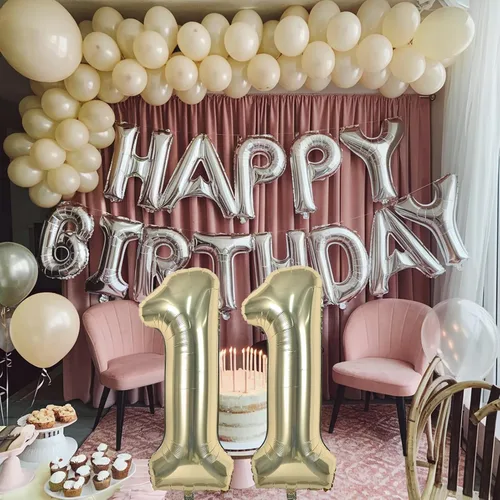 Miniatura 6 de Globos dorados de color champán con el número 11, globos de oro claro, globo de aluminio dorado con forma de corazón con estrella y globo largo