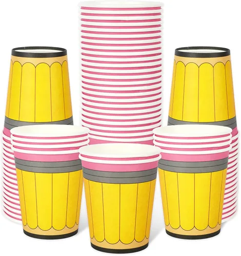 Whaline 50 vasos de papel para el regreso a la escuela, 9 onzas, diseño de lápiz amarillo, tazas desechables para café, té, aperitivos, aula, primer