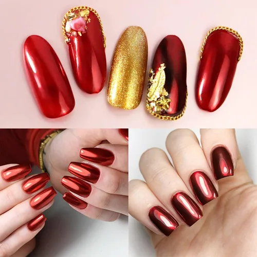 Miniatura 3 de 2 cajas de polvo de uñas cromado rojo efecto espejo metálico holográfico polvo pigmento reflectante polvo para decoración de manicura