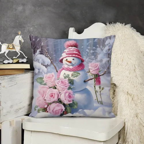 Miniatura 11 de Funda de cojín de muñeco de nieve con rosas rosadas, bufanda y sombrero, funda de almohada para cama, decoración moderna para sofá, dormitorio, sala