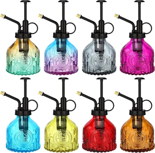 Zopeal 8 botellas de vidrio para plantas de 6.8 fl oz, rociador de plantas vintage, multicolor, regadera para suculentas, 6.4 pulgadas, con bombas